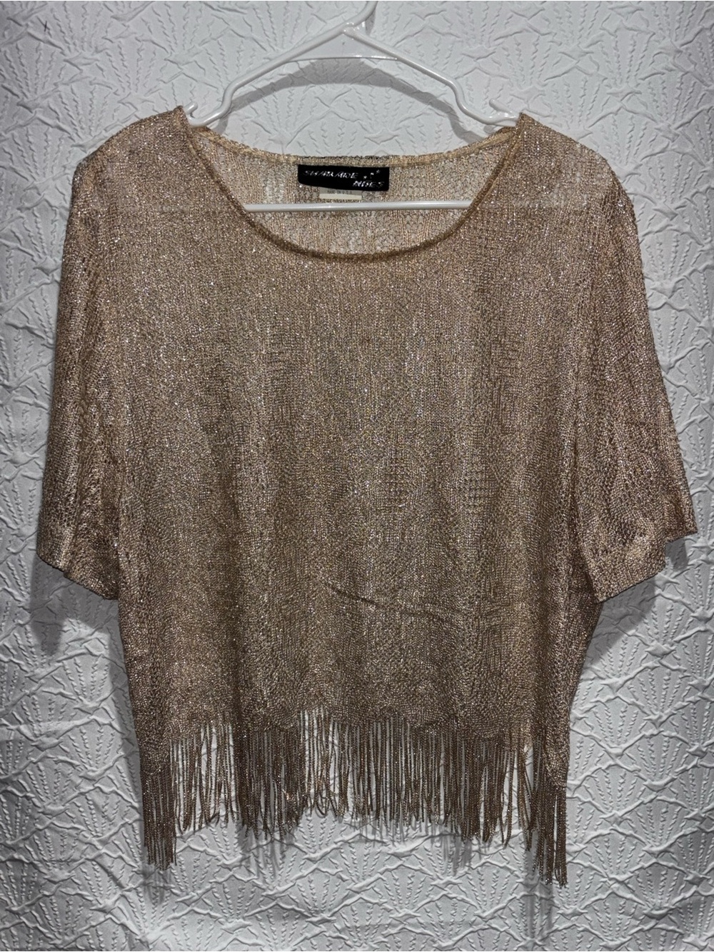 Vintage Sharade Nites Metallic Fringe Knit Shirt Top Size 18 Beige Shimmer